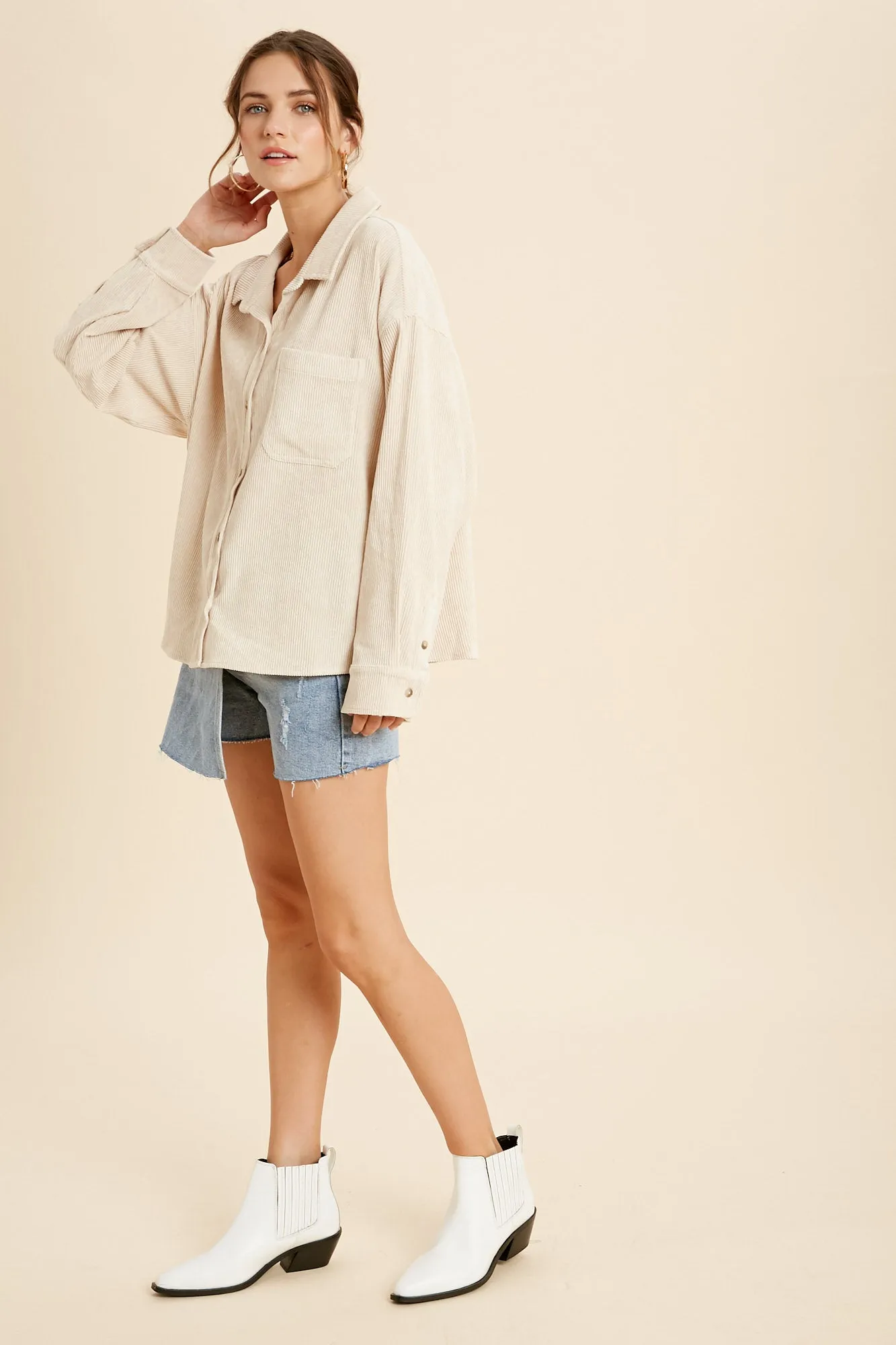 shacket: corduroy front one pocket shirt - sand