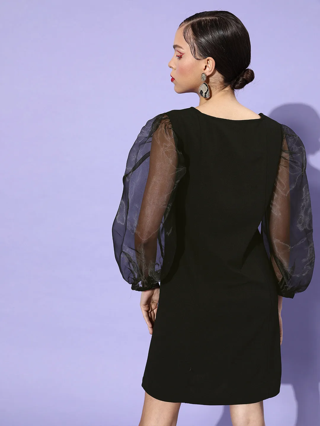 Sheer Black Organza & Polyester Sleeve Bodycon Dress