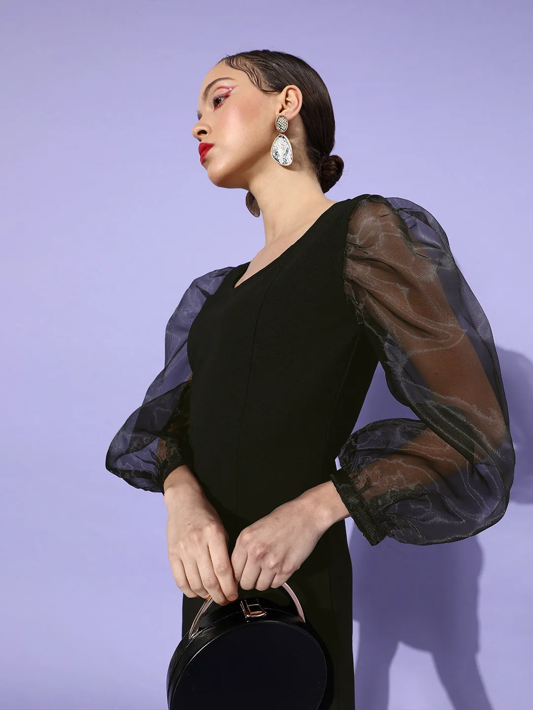 Sheer Black Organza & Polyester Sleeve Bodycon Dress