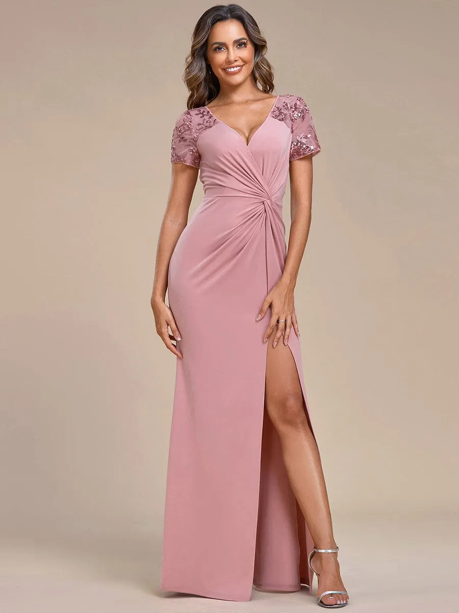 Short Sequin Sleeve V-Neck Front Slit Mother of the Bride Dress