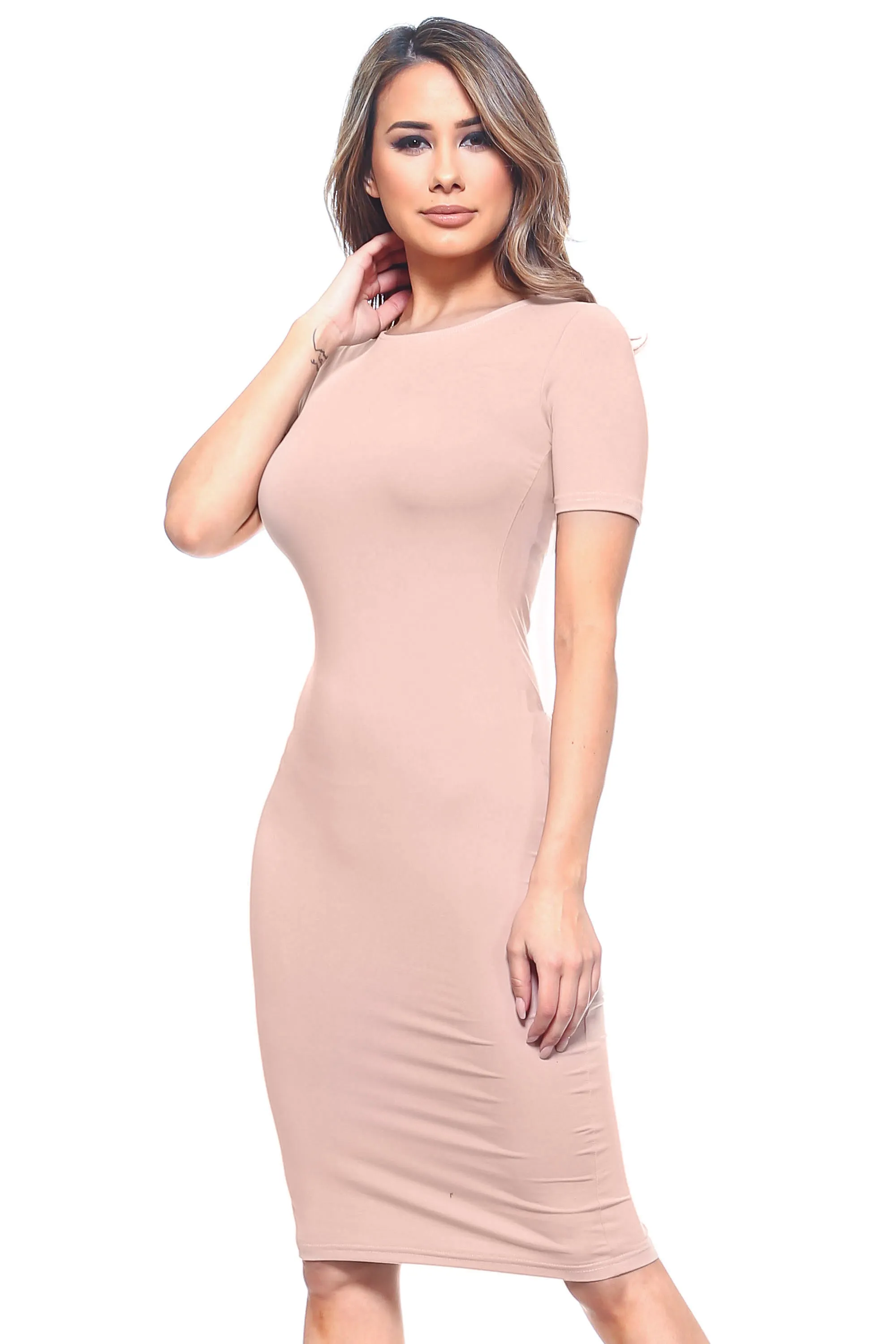 Short Sleeve Crew Neck Midi Bodycon Dress