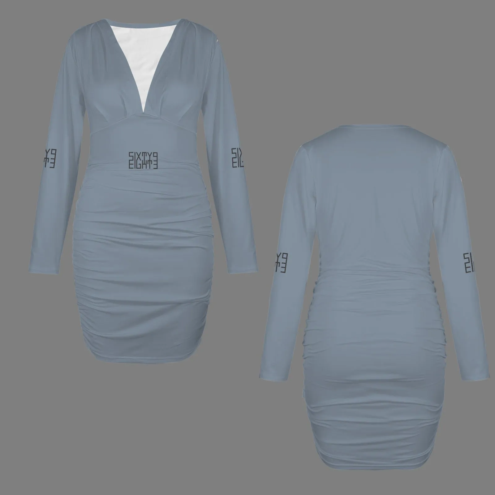 Sixty Eight 93 Logo Black Long Sleeve Deep V-Neck Ruched Bodycon Dress