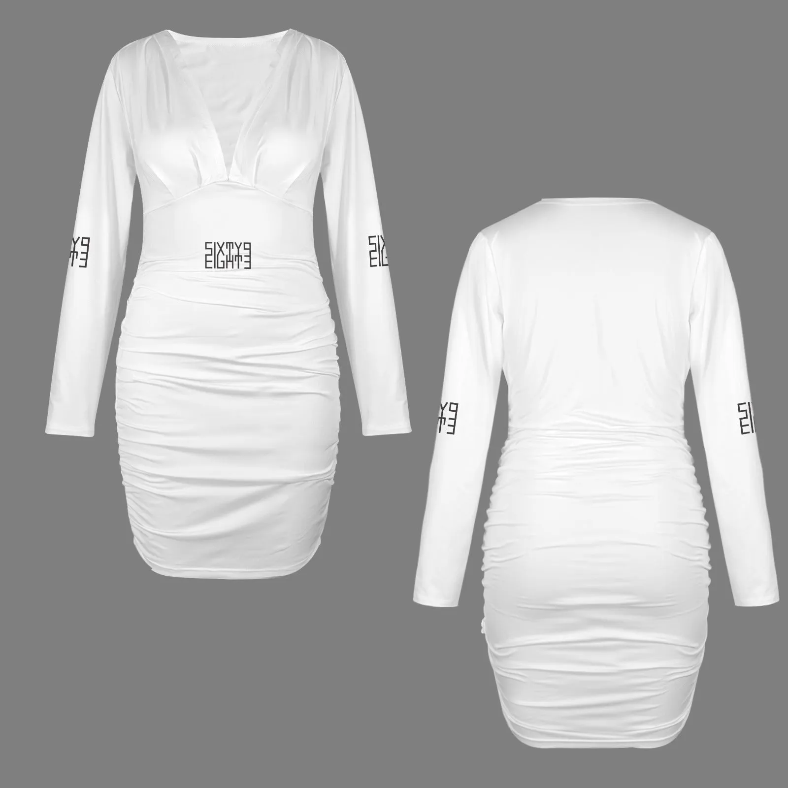 Sixty Eight 93 Logo Black Long Sleeve Deep V-Neck Ruched Bodycon Dress