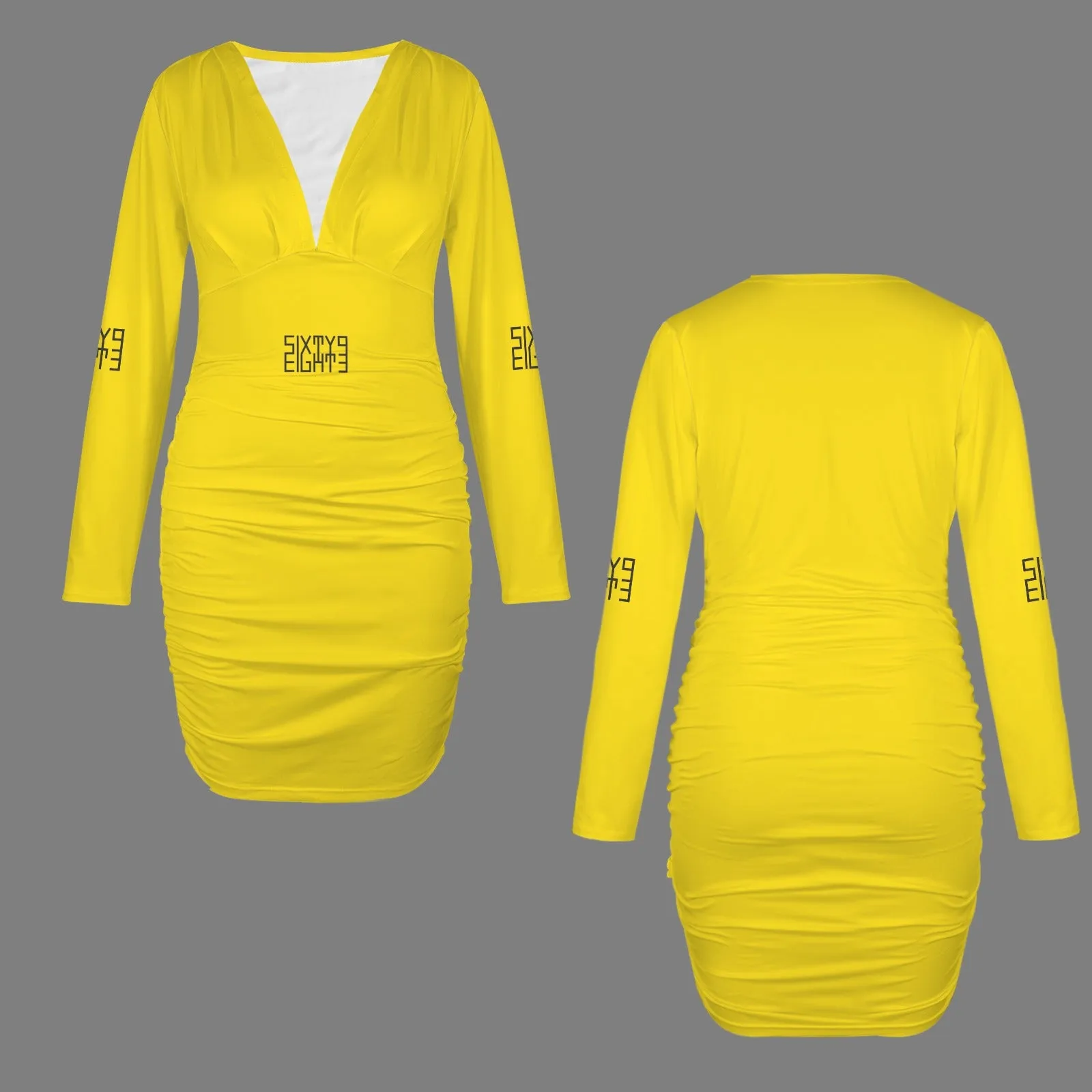 Sixty Eight 93 Logo Black Long Sleeve Deep V-Neck Ruched Bodycon Dress