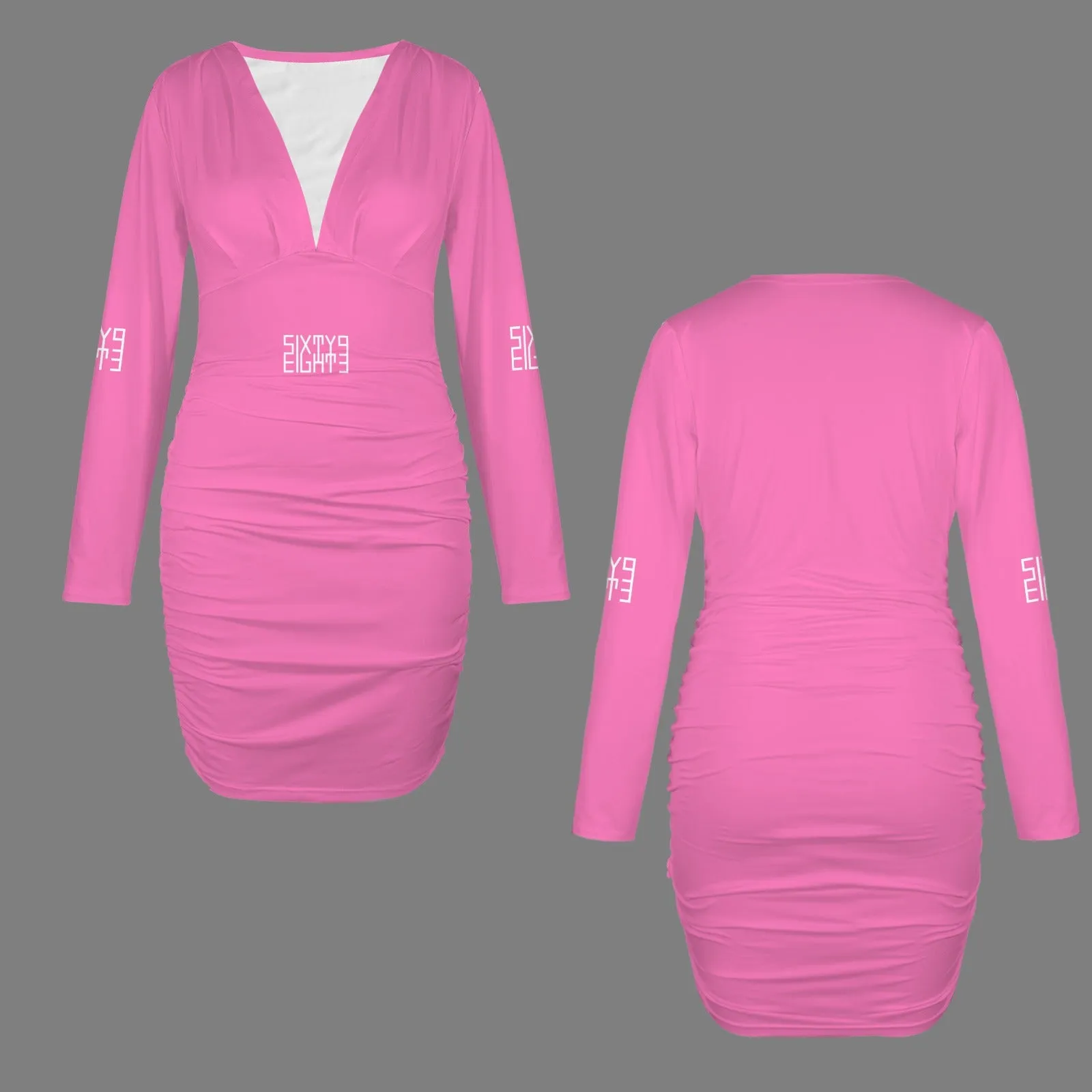 Sixty Eight 93 Logo White Long Sleeve Deep V-Neck Ruched Bodycon Dress