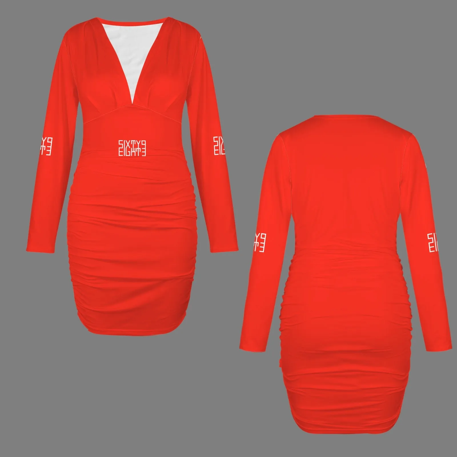 Sixty Eight 93 Logo White Long Sleeve Deep V-Neck Ruched Bodycon Dress