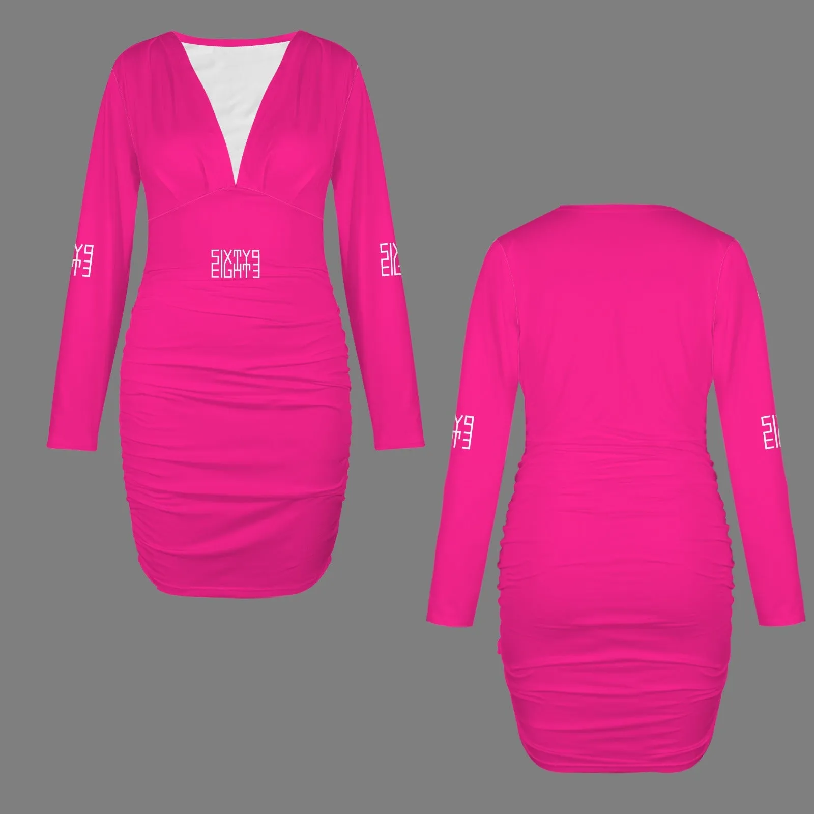 Sixty Eight 93 Logo White Long Sleeve Deep V-Neck Ruched Bodycon Dress