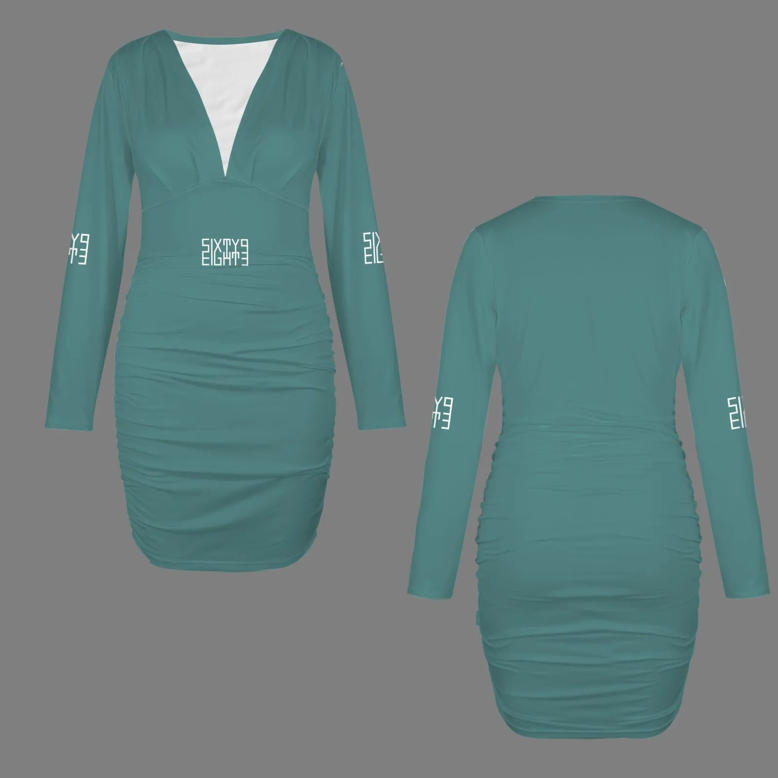 Sixty Eight 93 Logo White Long Sleeve Deep V-Neck Ruched Bodycon Dress