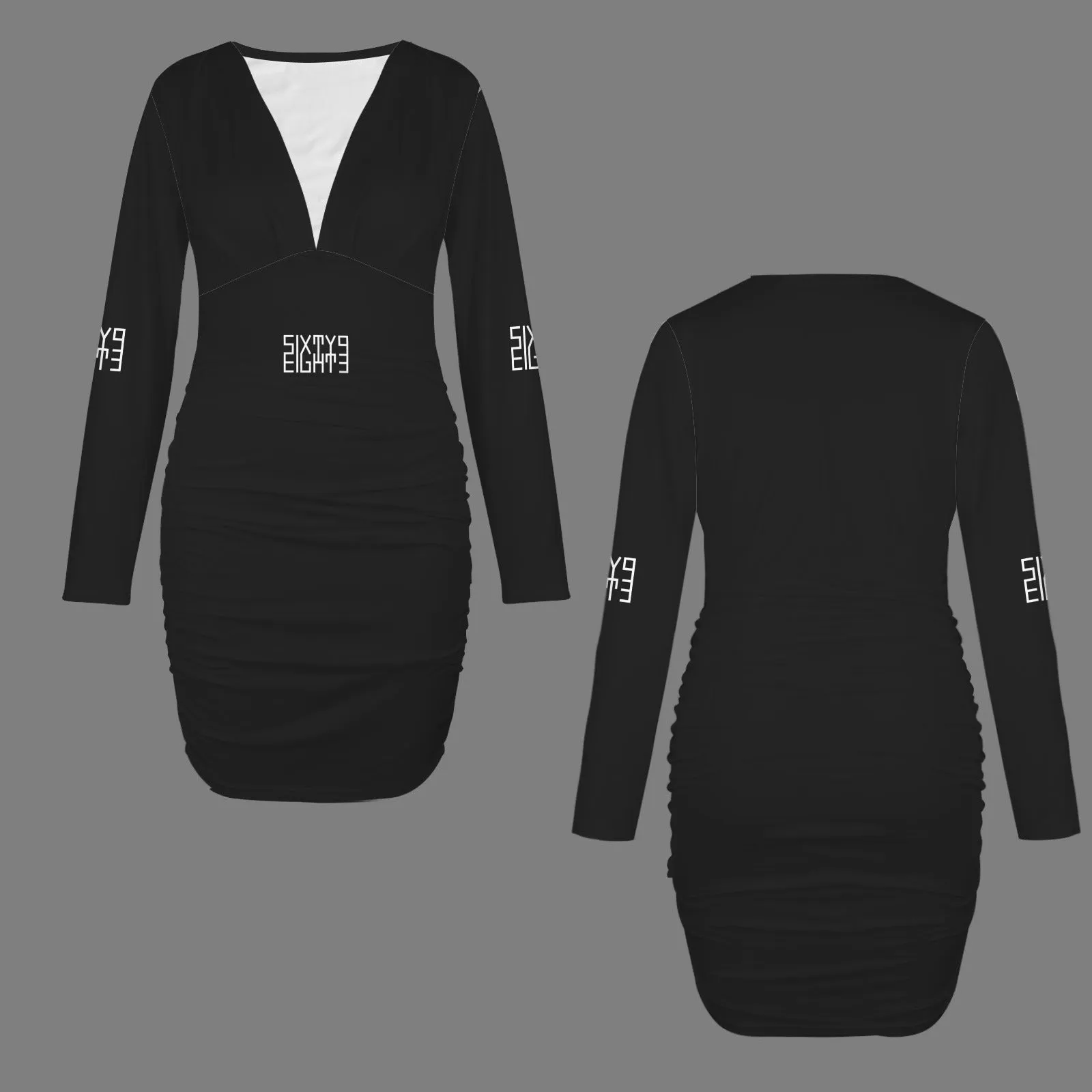 Sixty Eight 93 Logo White Long Sleeve Deep V-Neck Ruched Bodycon Dress