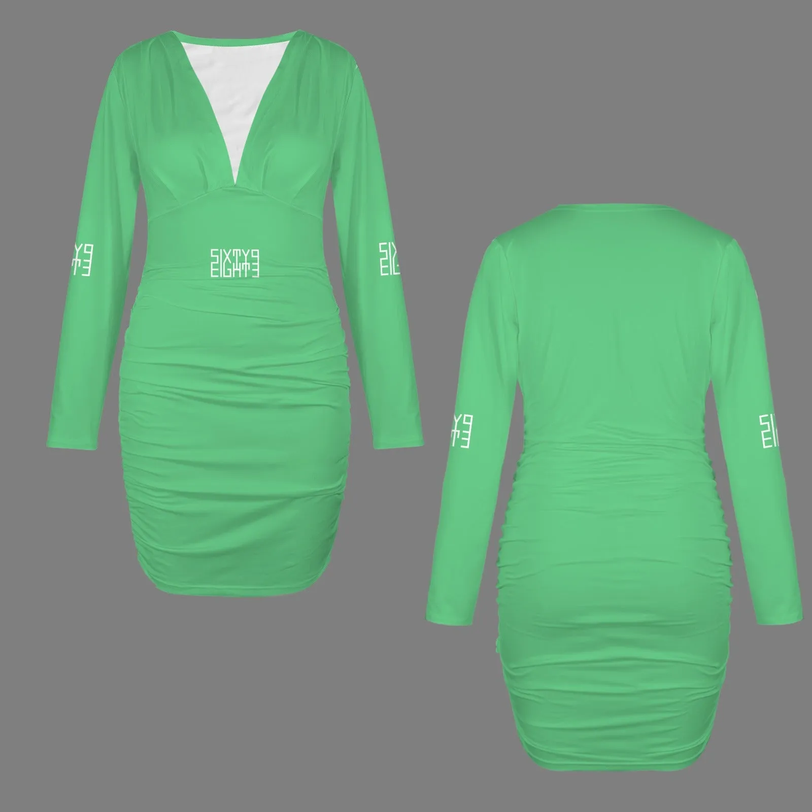 Sixty Eight 93 Logo White Long Sleeve Deep V-Neck Ruched Bodycon Dress