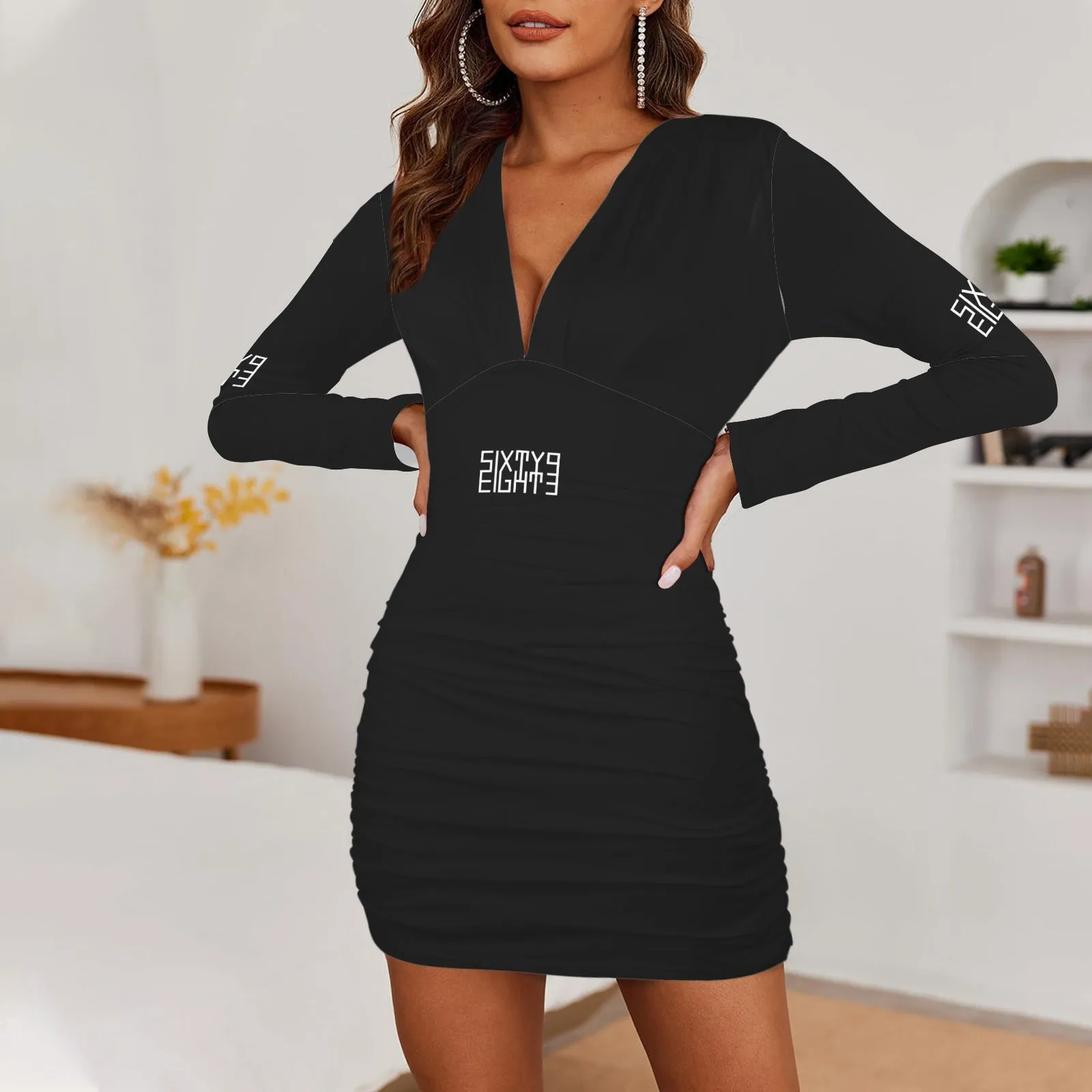 Sixty Eight 93 Logo White Long Sleeve Deep V-Neck Ruched Bodycon Dress