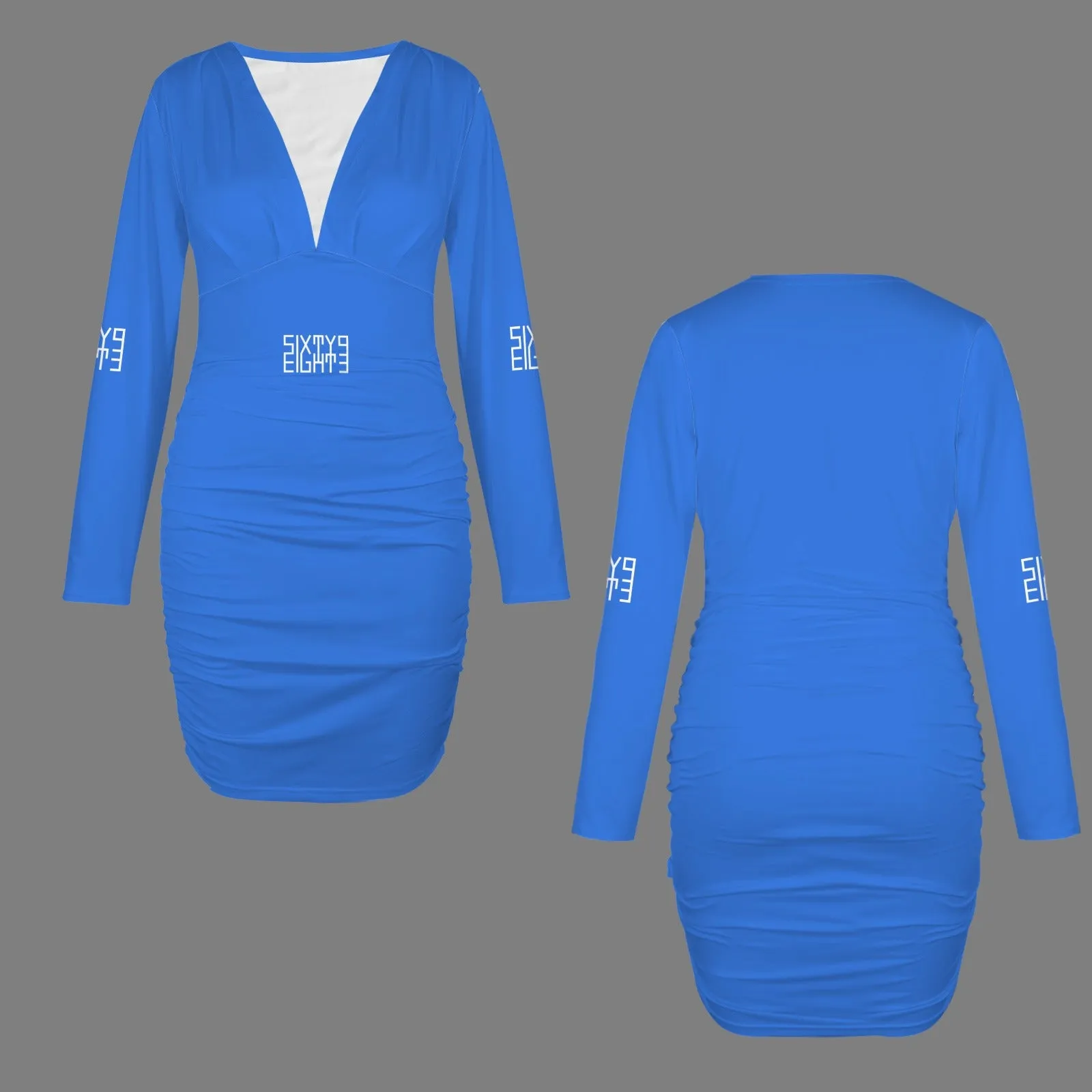 Sixty Eight 93 Logo White Long Sleeve Deep V-Neck Ruched Bodycon Dress