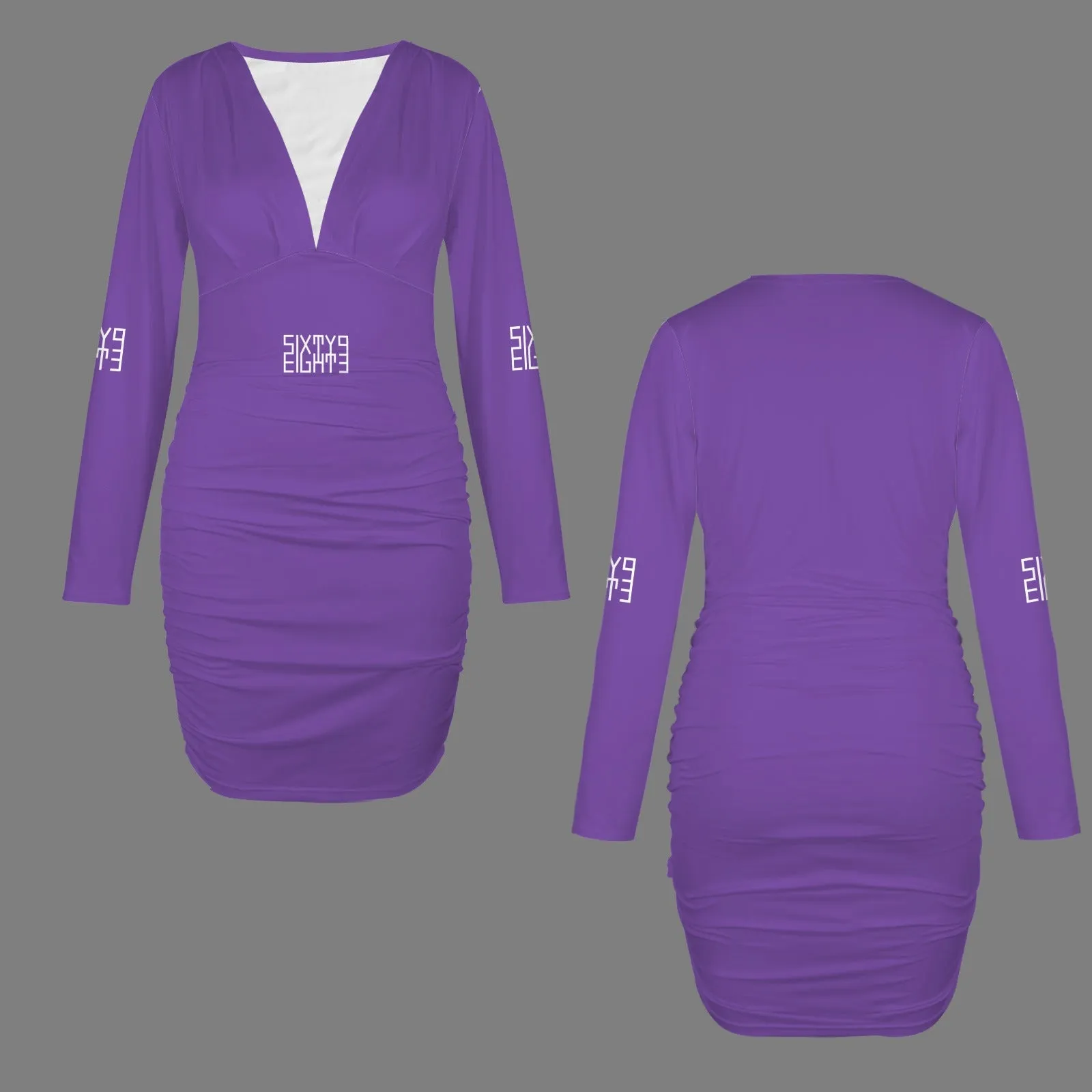 Sixty Eight 93 Logo White Long Sleeve Deep V-Neck Ruched Bodycon Dress