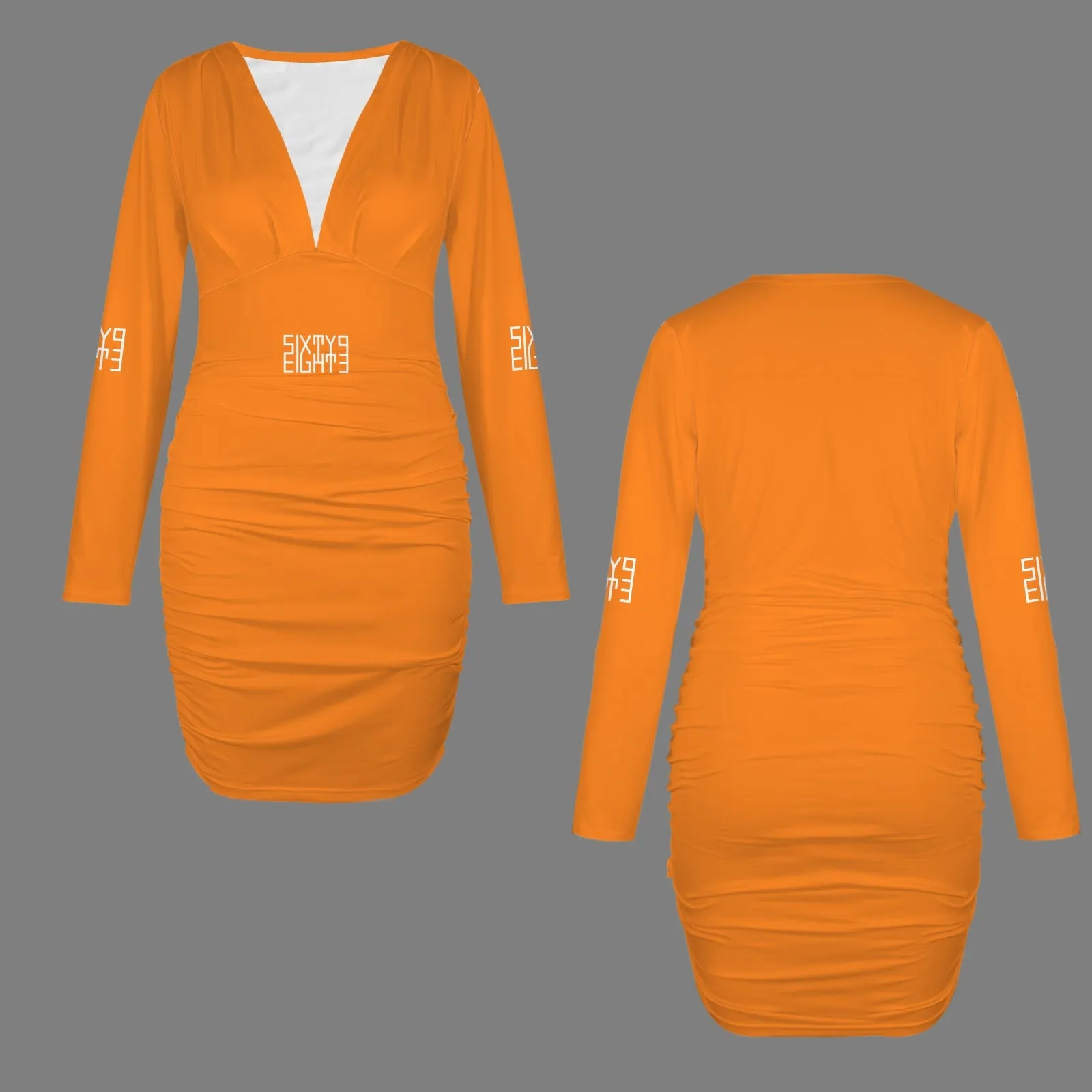 Sixty Eight 93 Logo White Long Sleeve Deep V-Neck Ruched Bodycon Dress