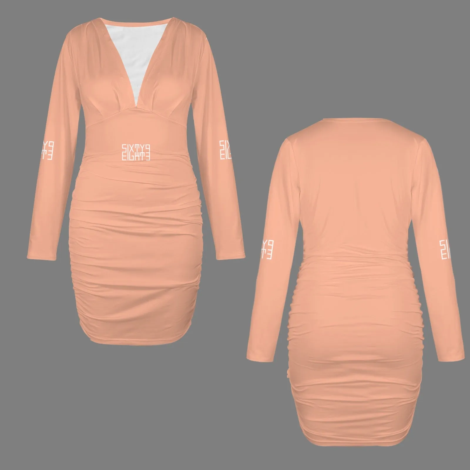 Sixty Eight 93 Logo White Long Sleeve Deep V-Neck Ruched Bodycon Dress