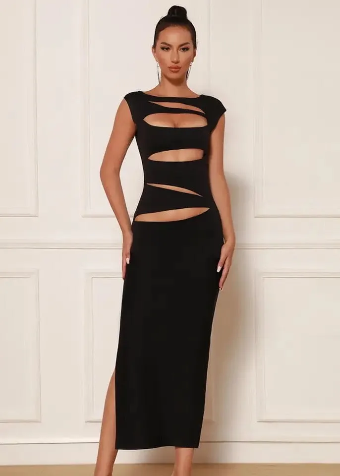 Sleeveless Cutouts Calf Length Bodycon Dress