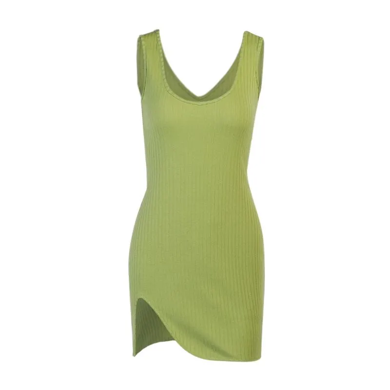 Slim Fit V-collar Irregular Hem Solid Color Ribbed Knitted Bodycon Tank Dress
