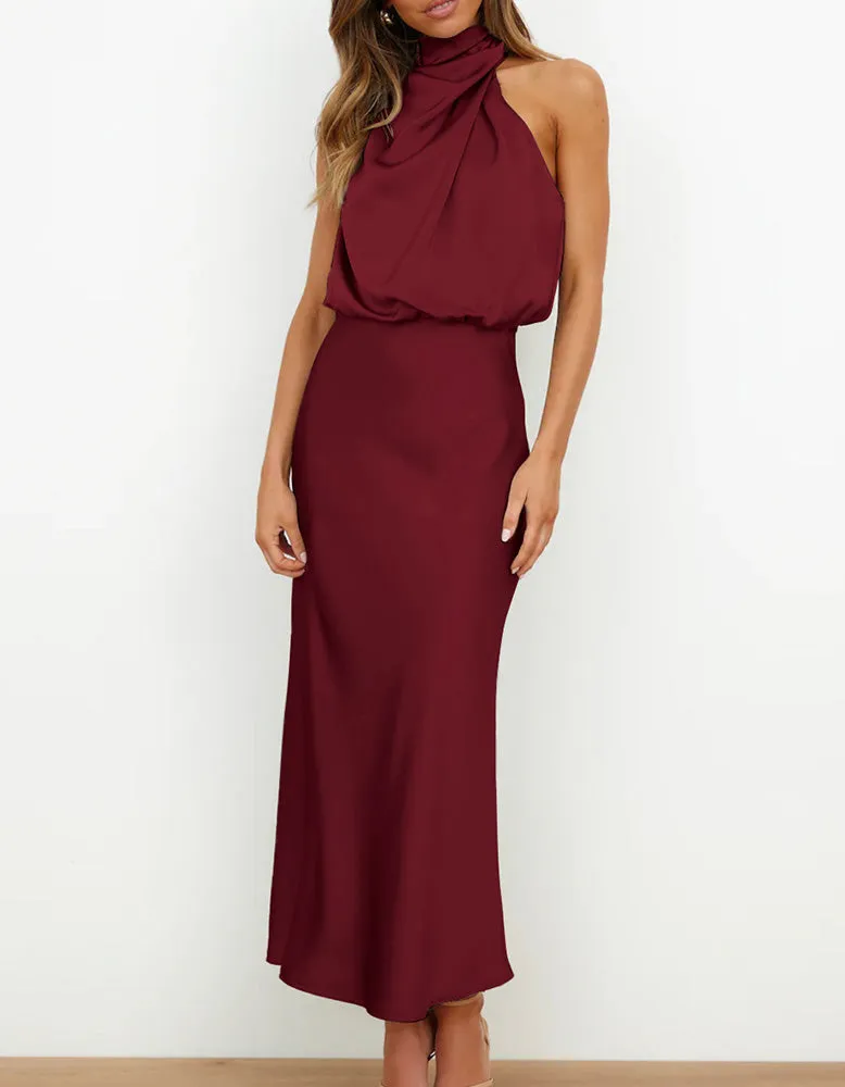 Solid-color Semi-tall Collar Satin Sleeveless Party Long Dresses