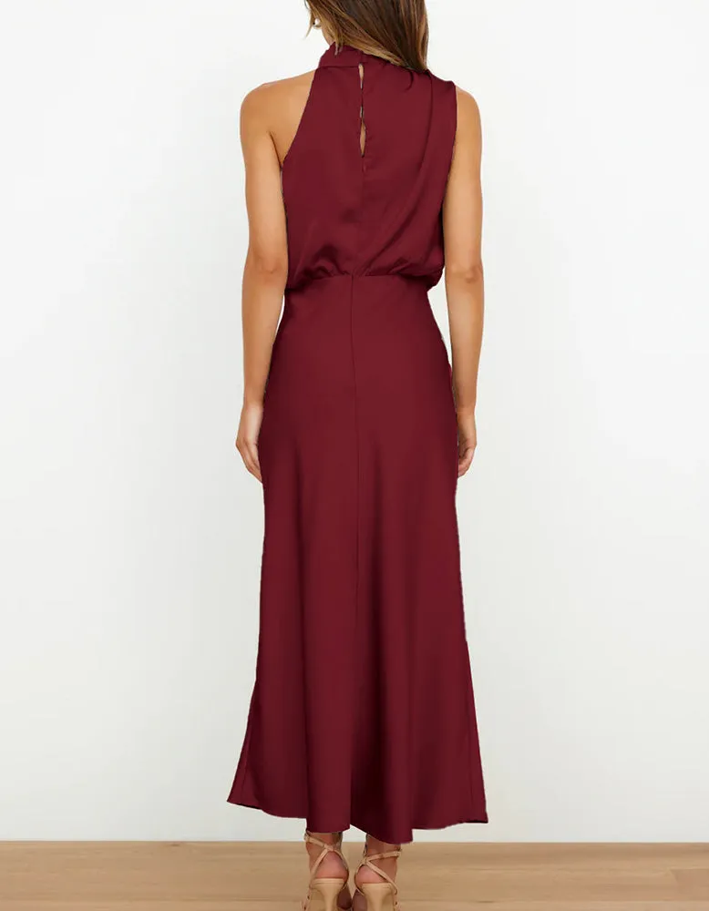 Solid-color Semi-tall Collar Satin Sleeveless Party Long Dresses