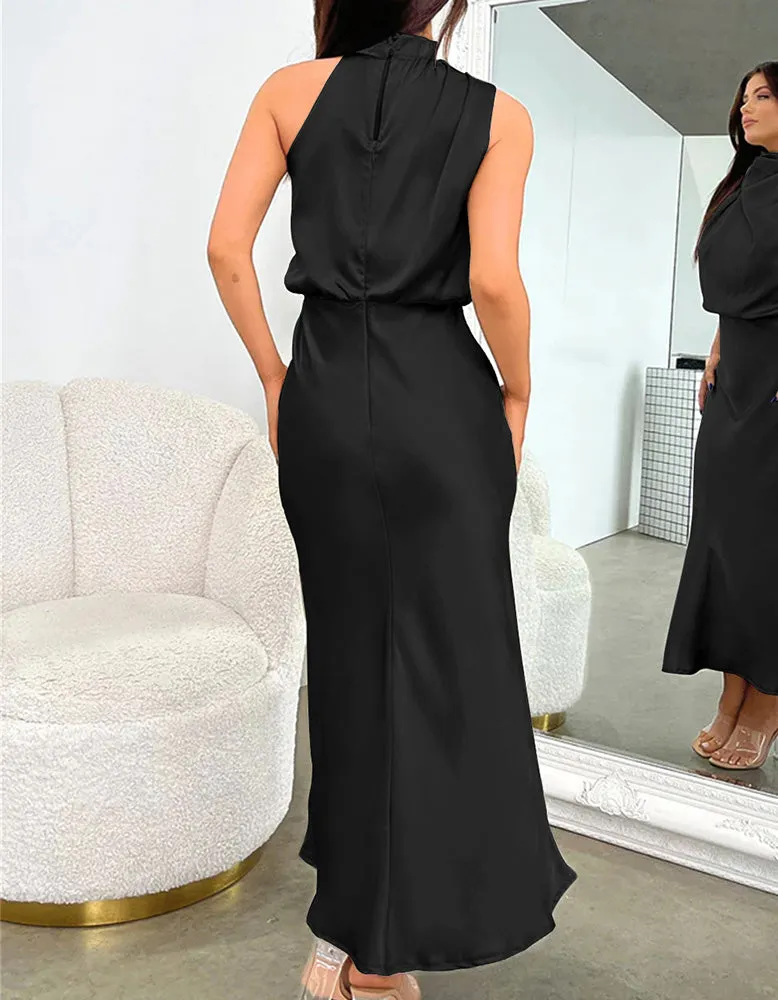 Solid-color Semi-tall Collar Satin Sleeveless Party Long Dresses