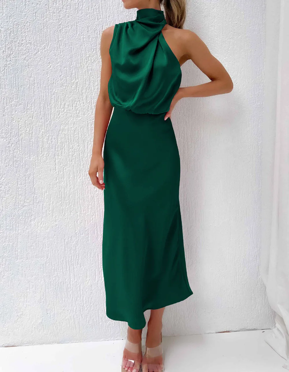 Solid-color Semi-tall Collar Satin Sleeveless Party Long Dresses