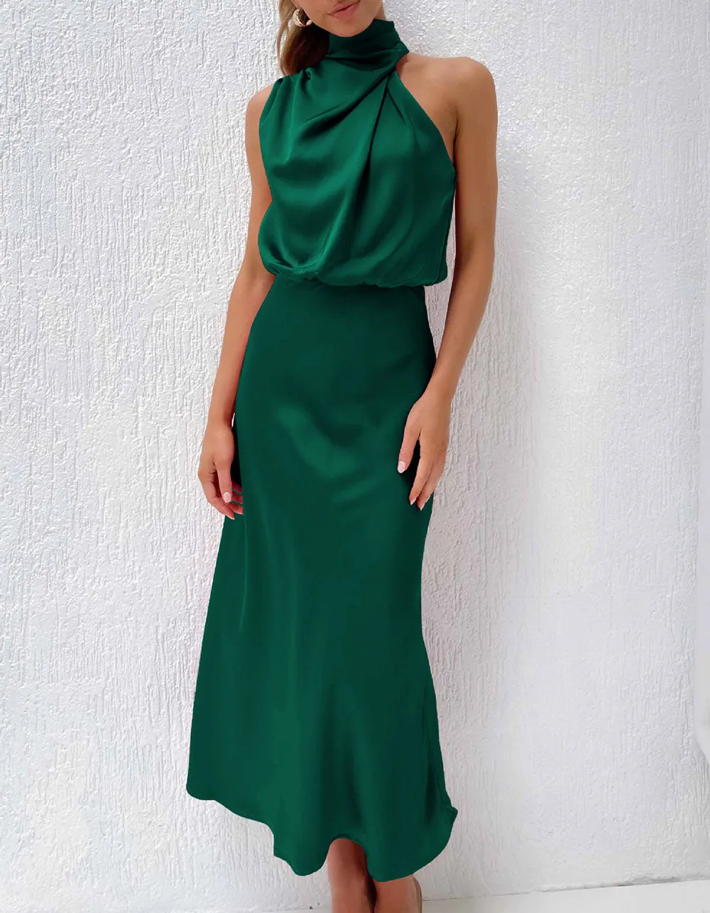 Solid-color Semi-tall Collar Satin Sleeveless Party Long Dresses