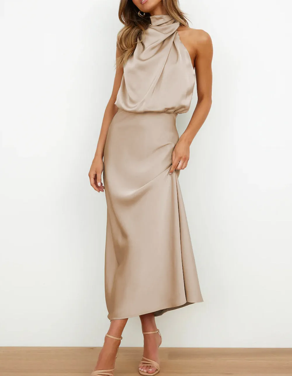 Solid-color Semi-tall Collar Satin Sleeveless Party Long Dresses