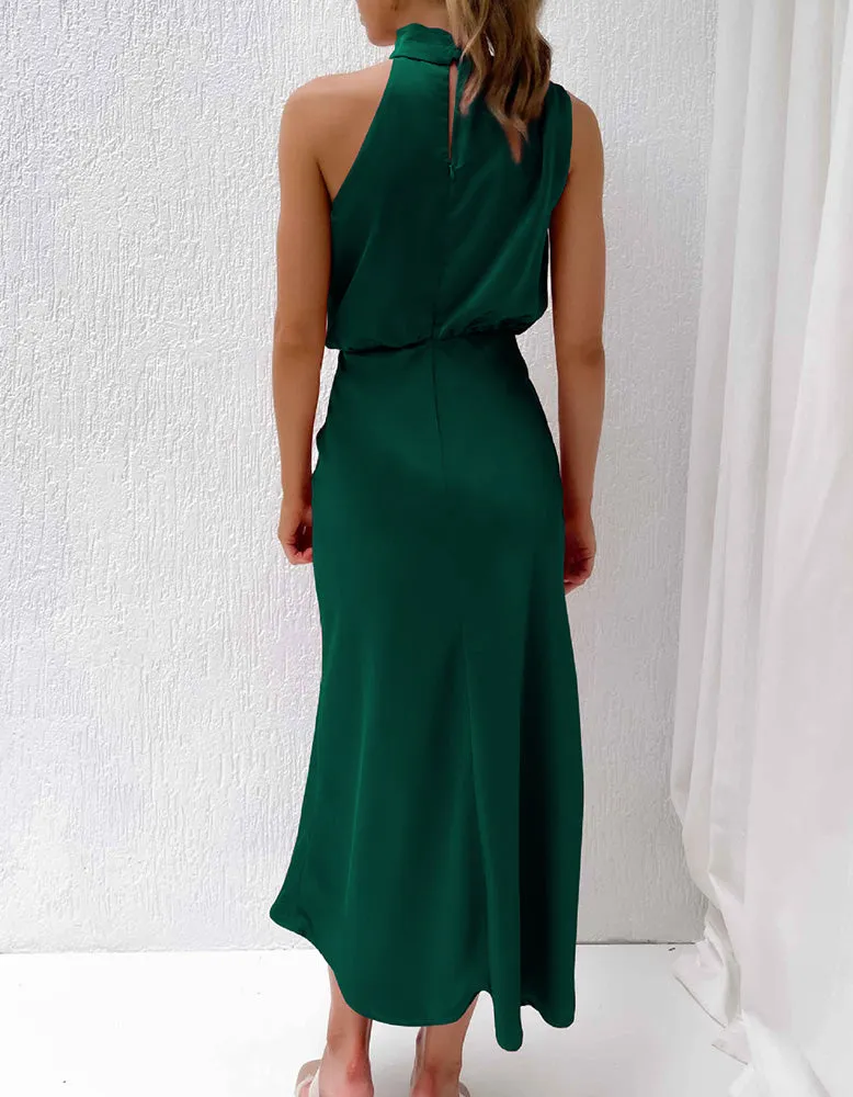 Solid-color Semi-tall Collar Satin Sleeveless Party Long Dresses