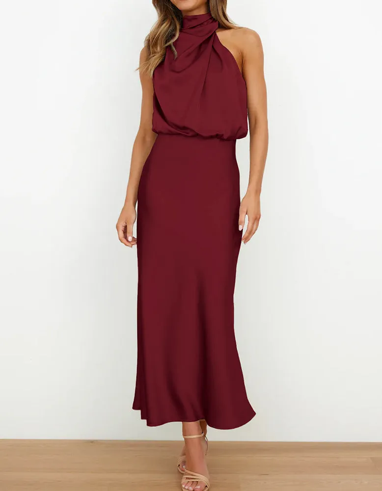 Solid-color Semi-tall Collar Satin Sleeveless Party Long Dresses