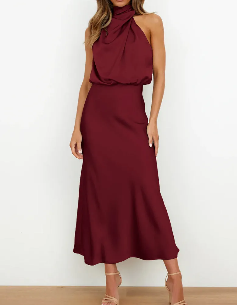 Solid-color Semi-tall Collar Satin Sleeveless Party Long Dresses