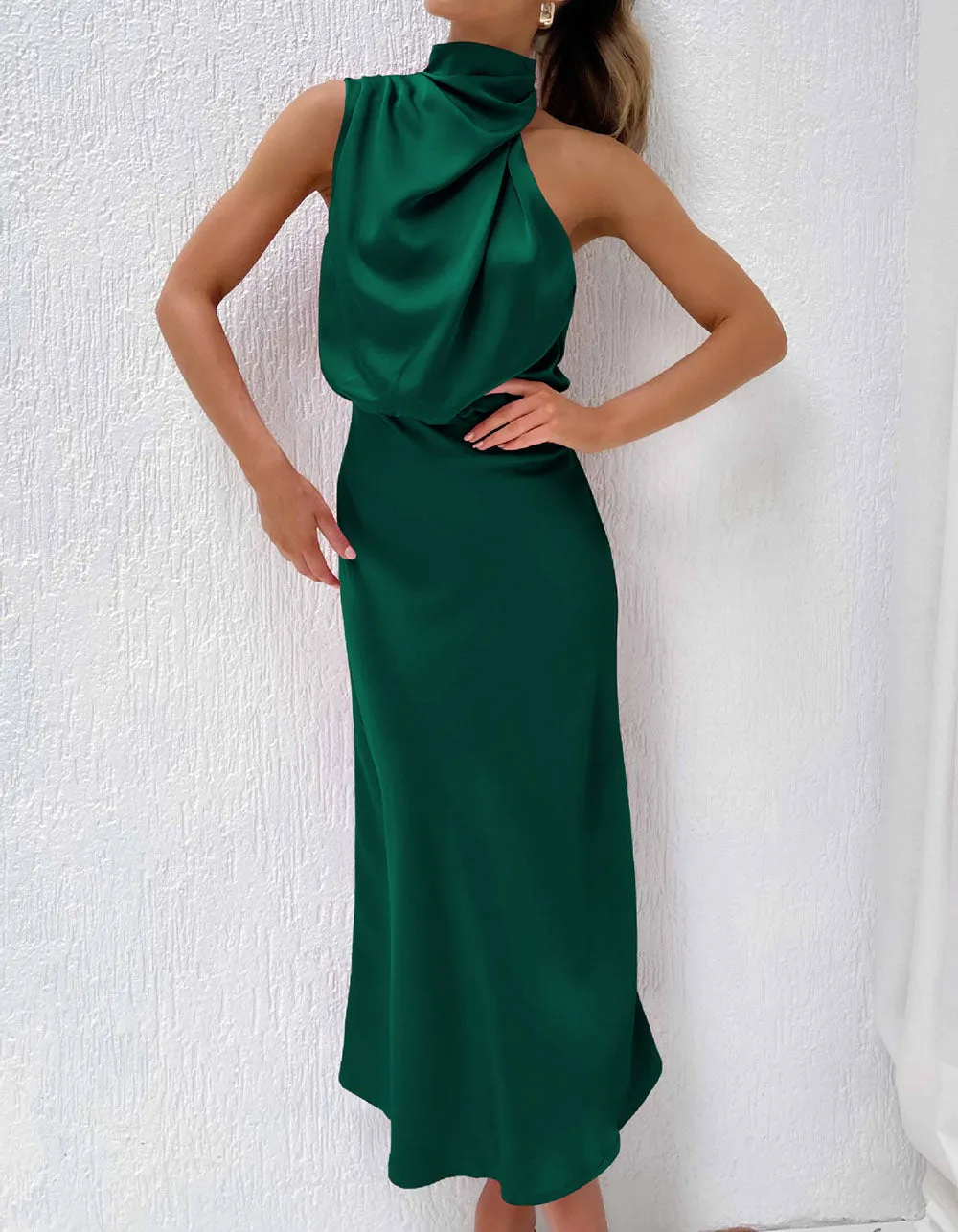 Solid-color Semi-tall Collar Satin Sleeveless Party Long Dresses
