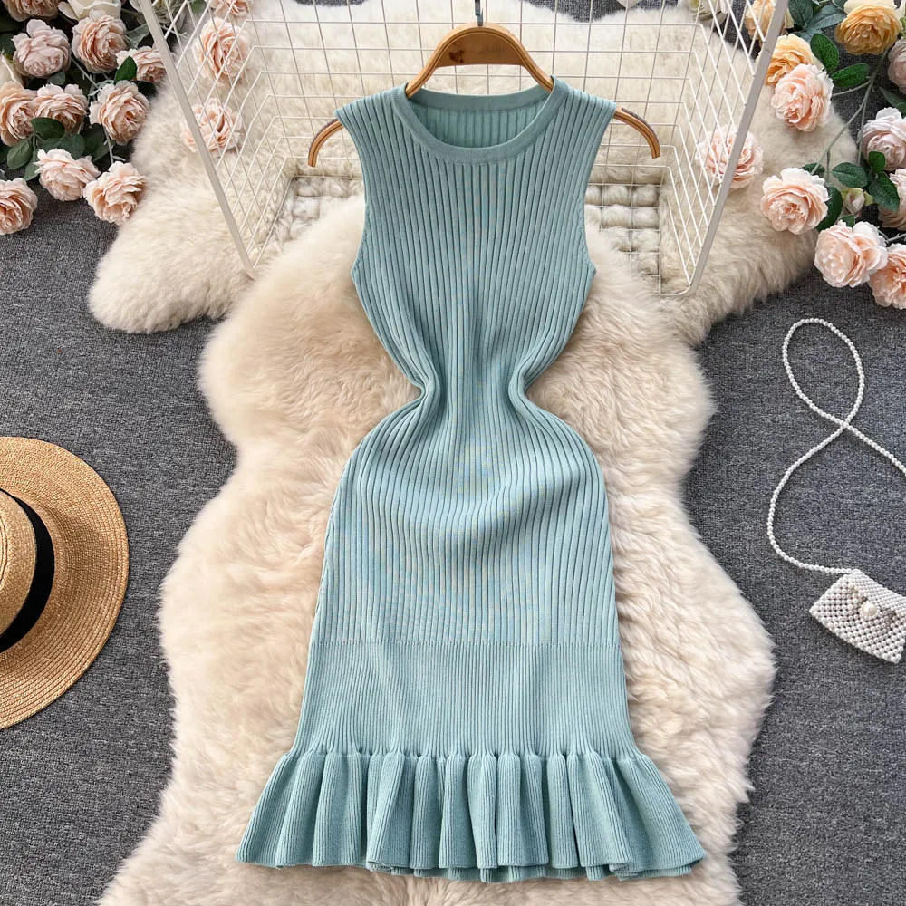 Solid Color Sleeveless Fishtail Knitted Dress