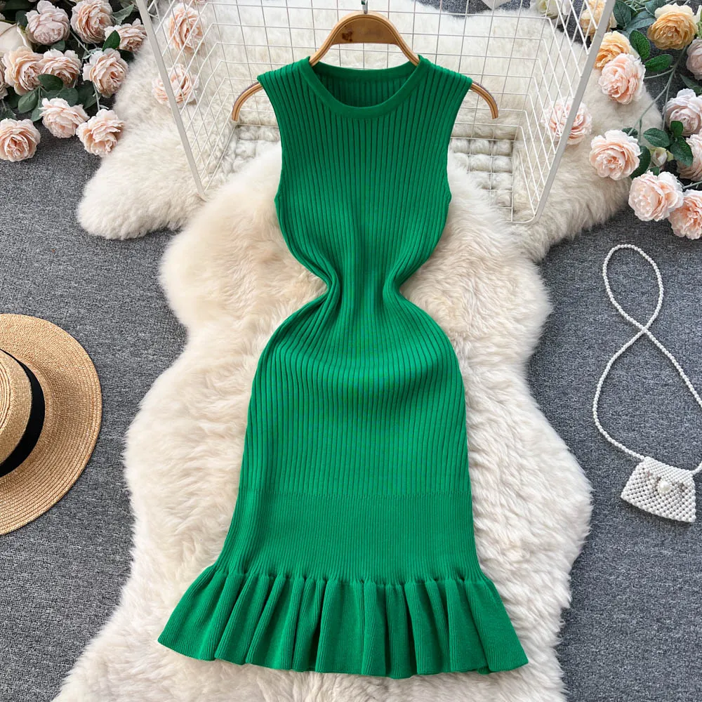 Solid Color Sleeveless Fishtail Knitted Dress