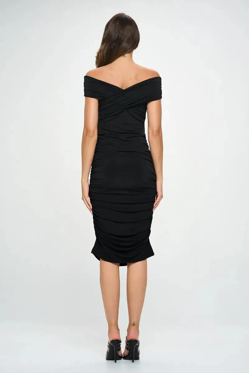 Solid Off Shoulder Midi Bodycon Dress W/ Ruched