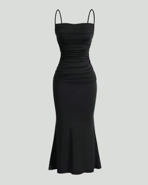 Spaghetti Strap Ruched Bodycon Corset Maxi Dress In Black