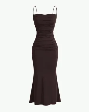 Spaghetti Strap Ruched  Bodycon Corset Maxi Dress In Chocolate Brown