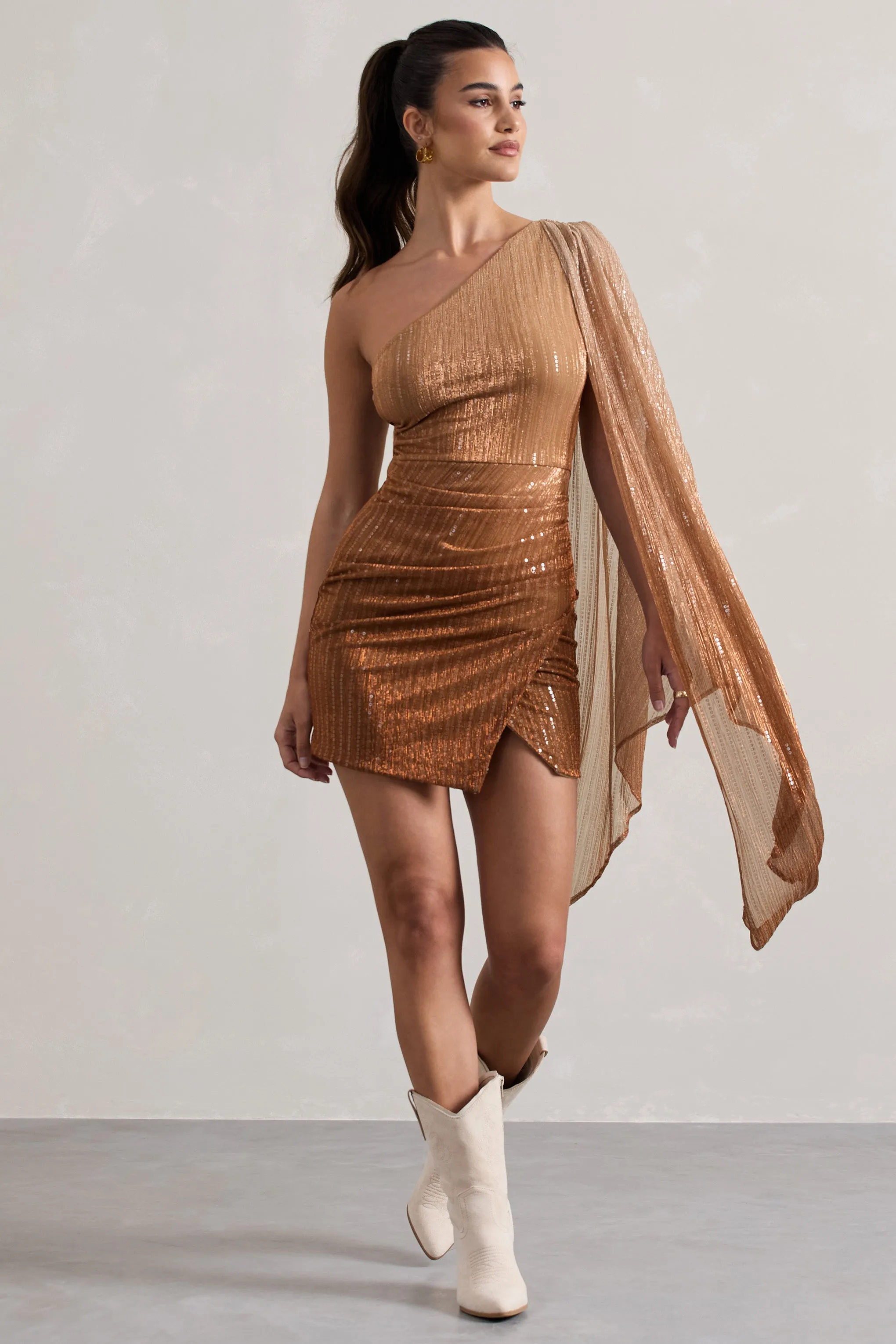 Sunlit | Gold Ombre Metallic Asymmetric Mini Dress With Cape Sleeve