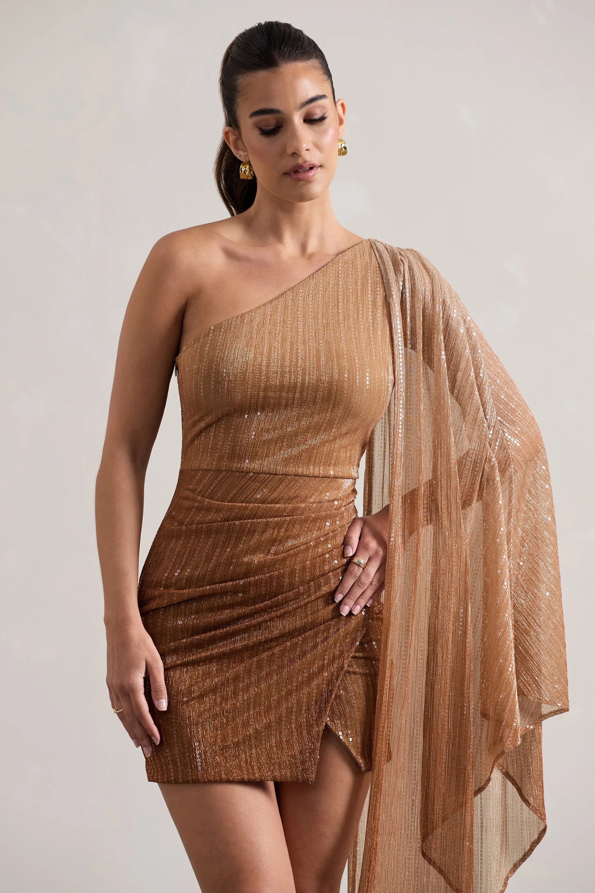 Sunlit | Gold Ombre Metallic Asymmetric Mini Dress With Cape Sleeve