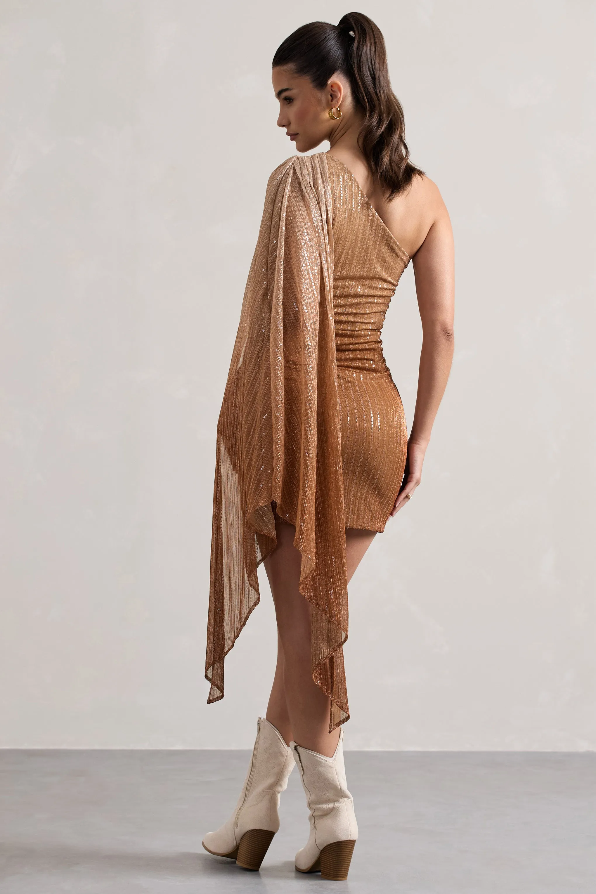Sunlit | Gold Ombre Metallic Asymmetric Mini Dress With Cape Sleeve