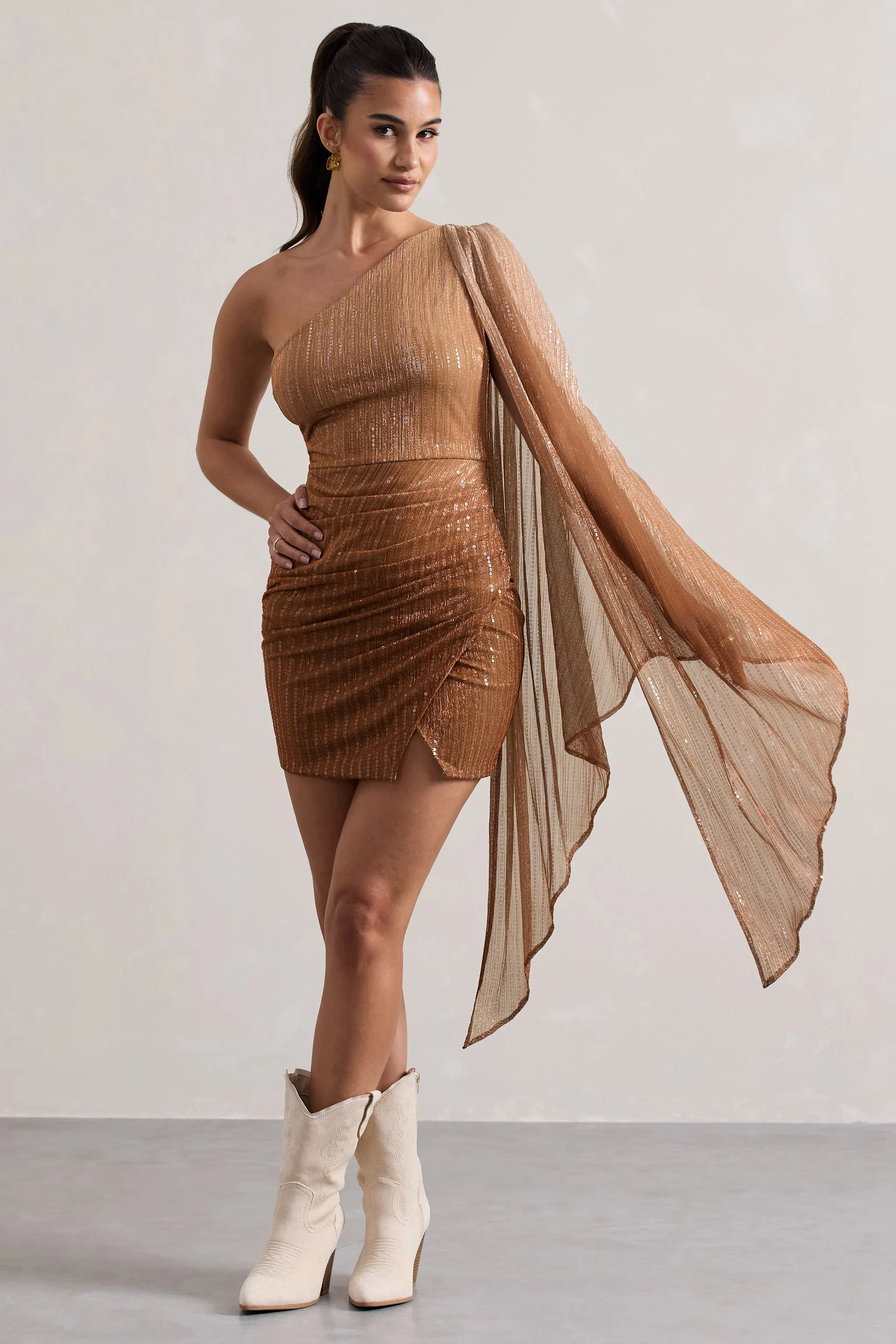 Sunlit | Gold Ombre Metallic Asymmetric Mini Dress With Cape Sleeve