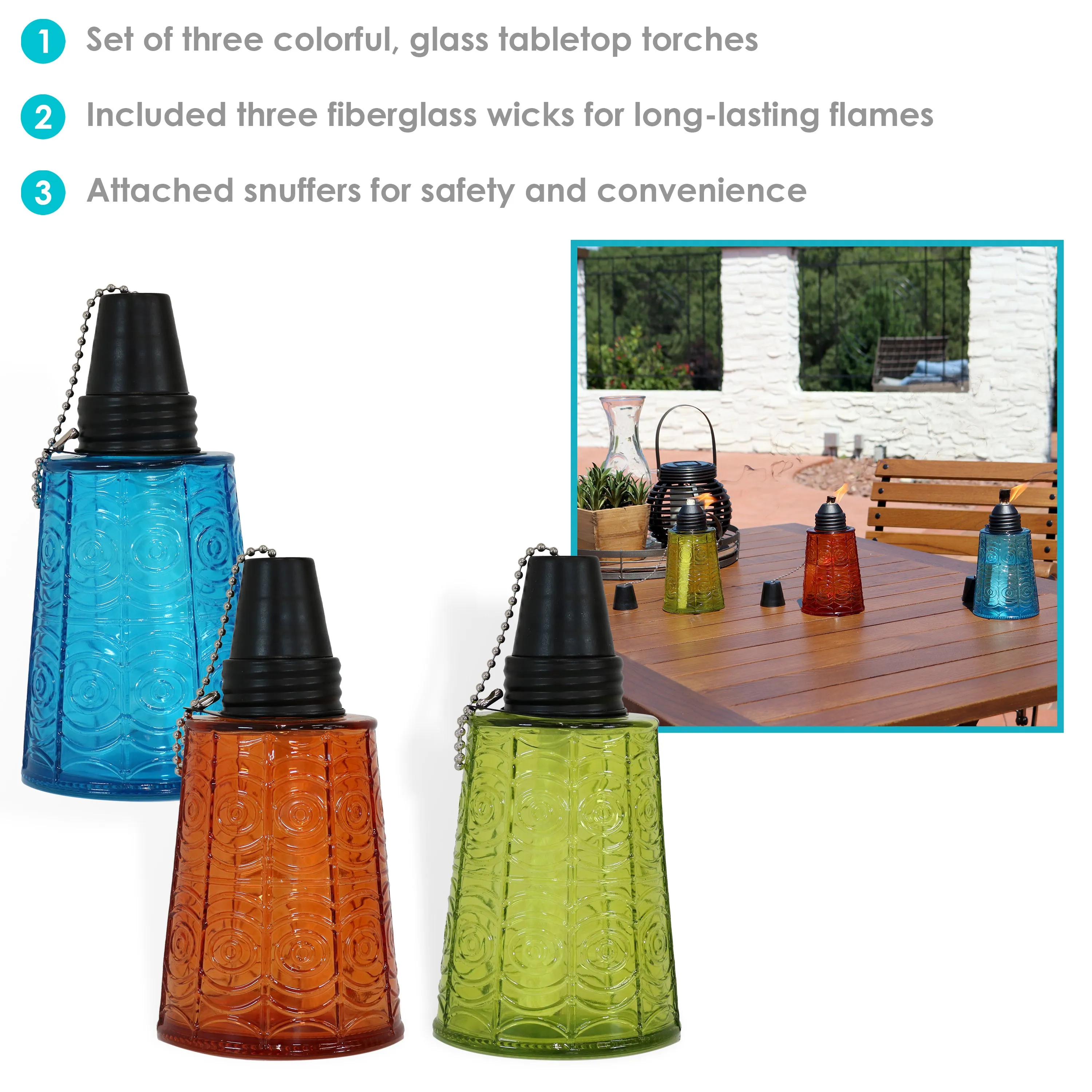 Sunnydaze Set of 3 Glass Tabletop Torches - 1 Blue, 1 Orange and 1 Green
