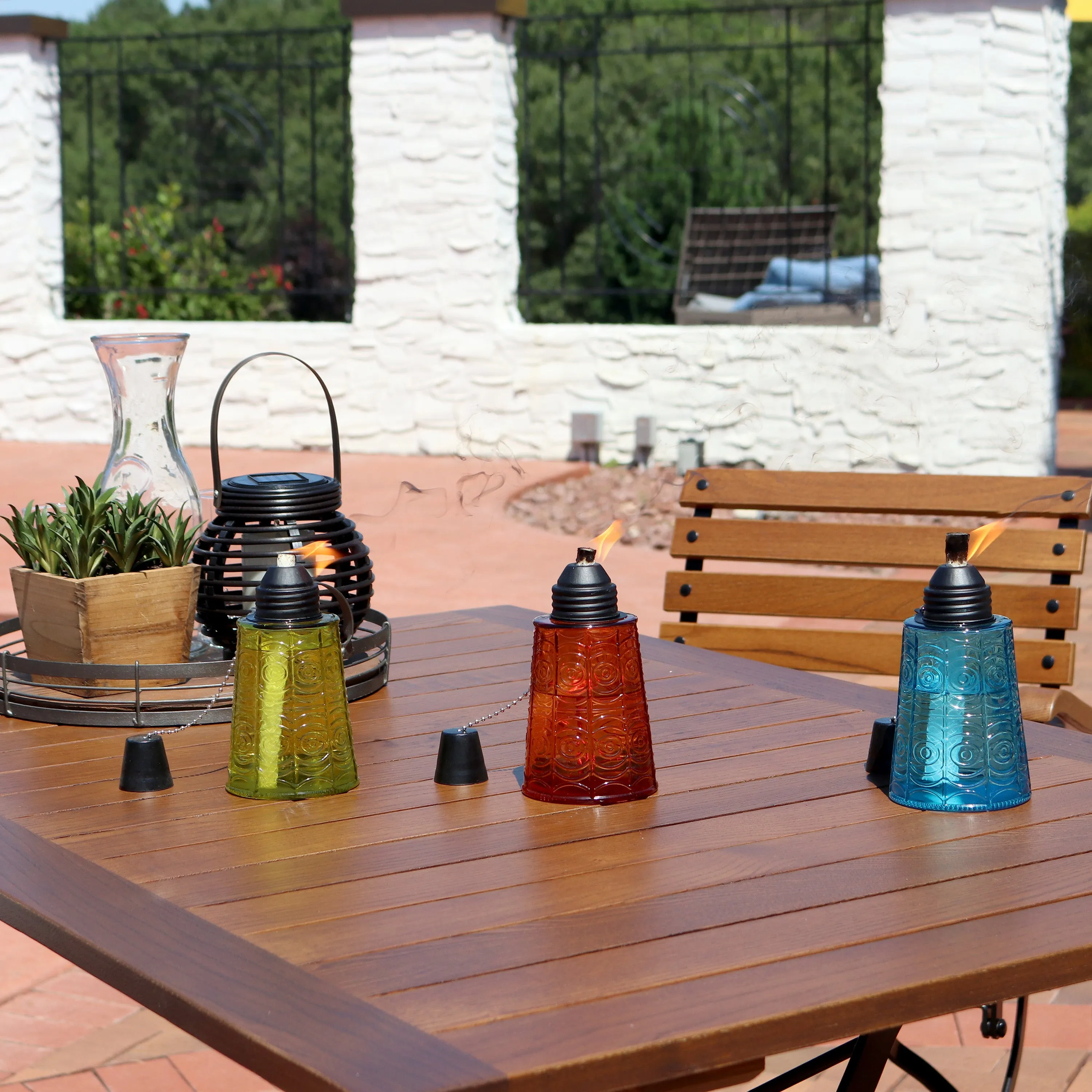 Sunnydaze Set of 3 Glass Tabletop Torches - 1 Blue, 1 Orange and 1 Green