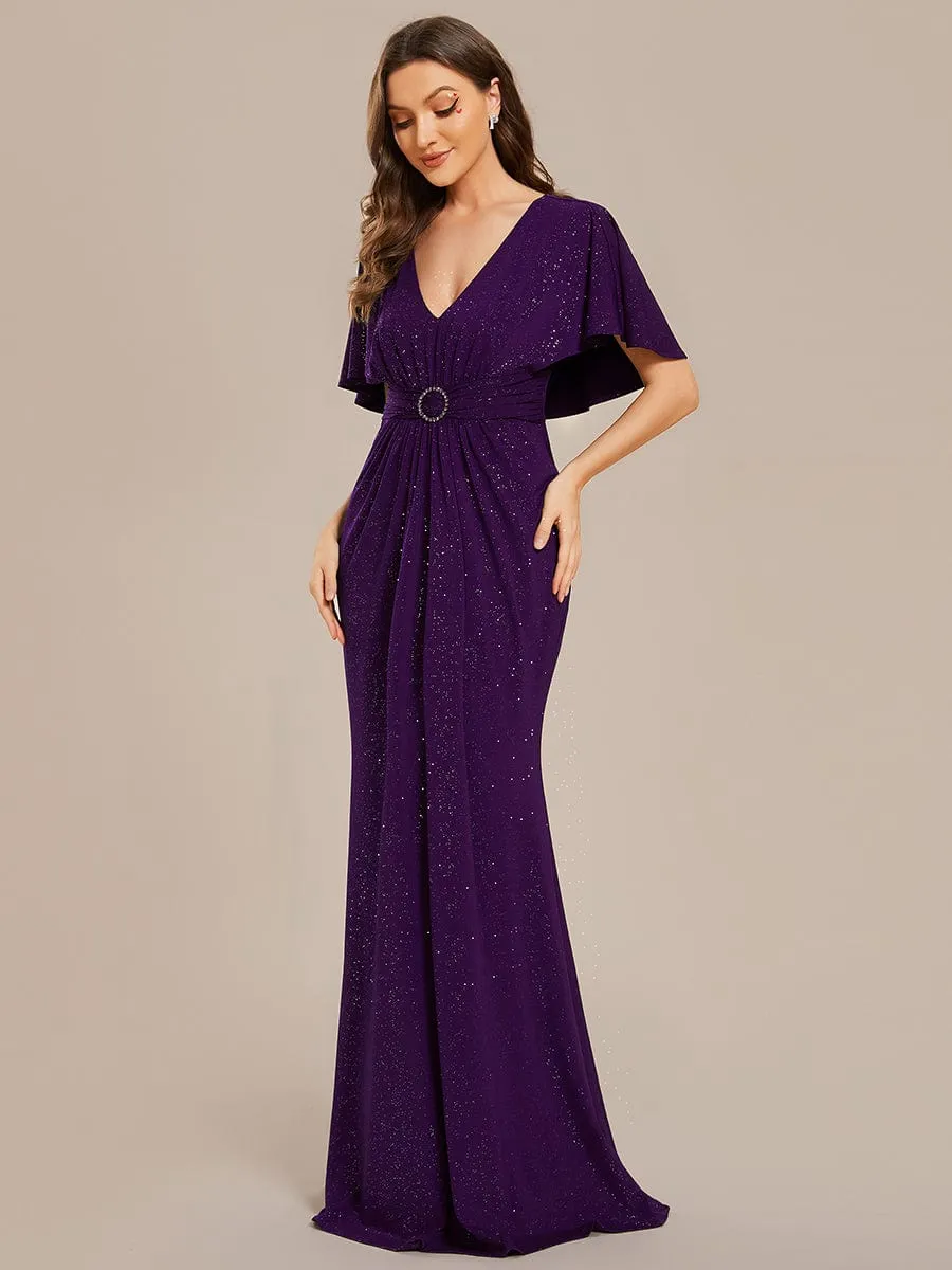 Susan | Glittery V-Neck Pleated Bat-Wing Sleeve Bodycon Waist-Cinching Evening Dress