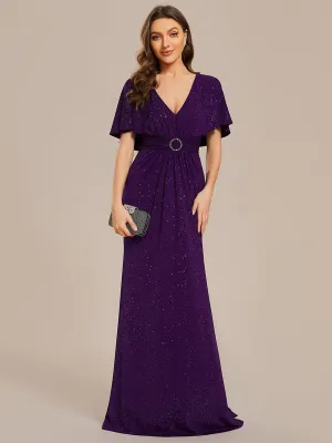 Susan | Glittery V-Neck Pleated Bat-Wing Sleeve Bodycon Waist-Cinching Evening Dress
