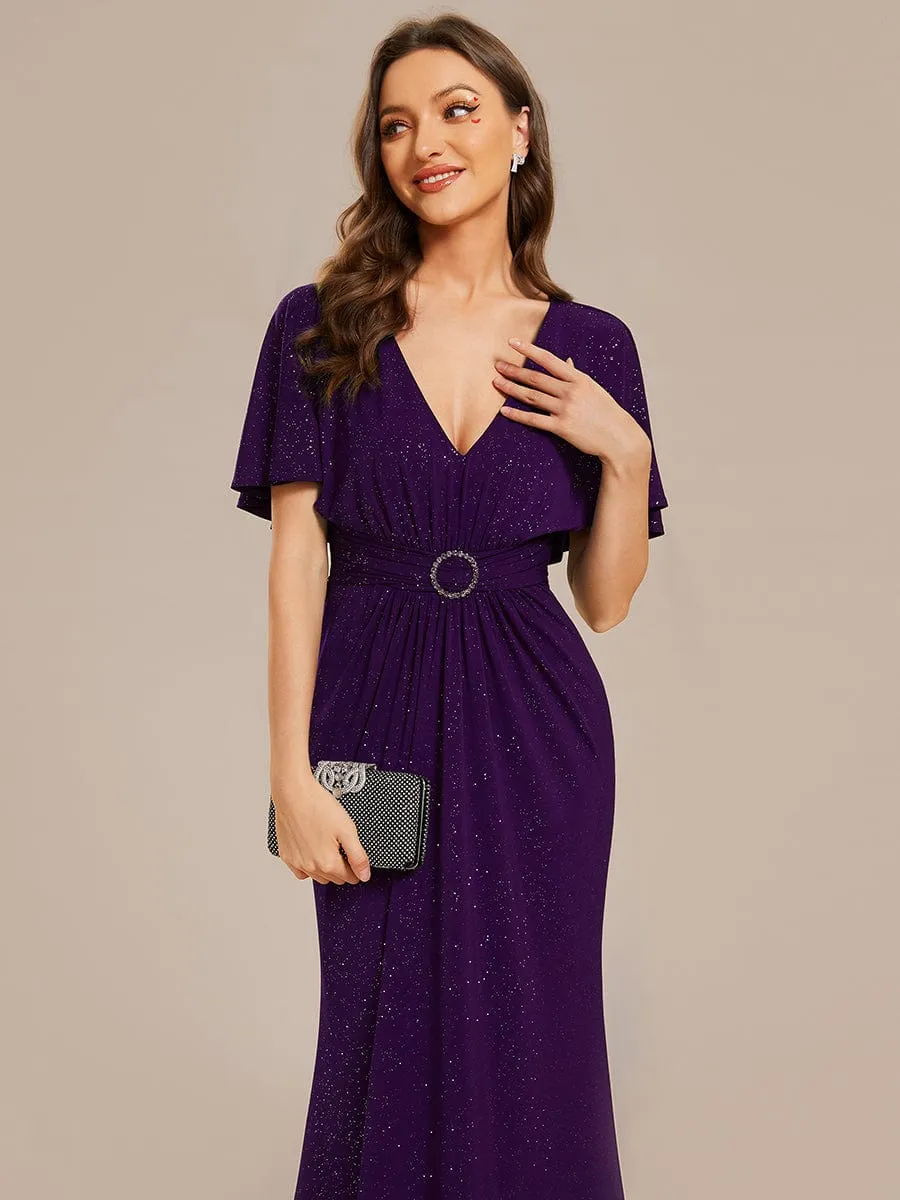 Susan | Glittery V-Neck Pleated Bat-Wing Sleeve Bodycon Waist-Cinching Evening Dress