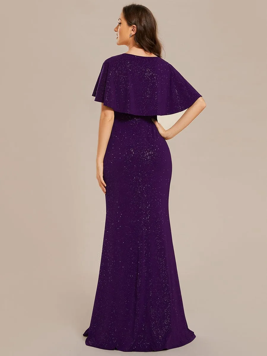 Susan | Glittery V-Neck Pleated Bat-Wing Sleeve Bodycon Waist-Cinching Evening Dress