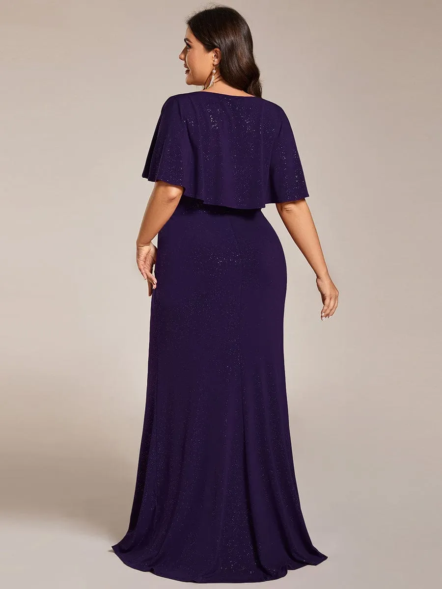 Susan | Glittery V-Neck Pleated Bat-Wing Sleeve Bodycon Waist-Cinching Evening Dress