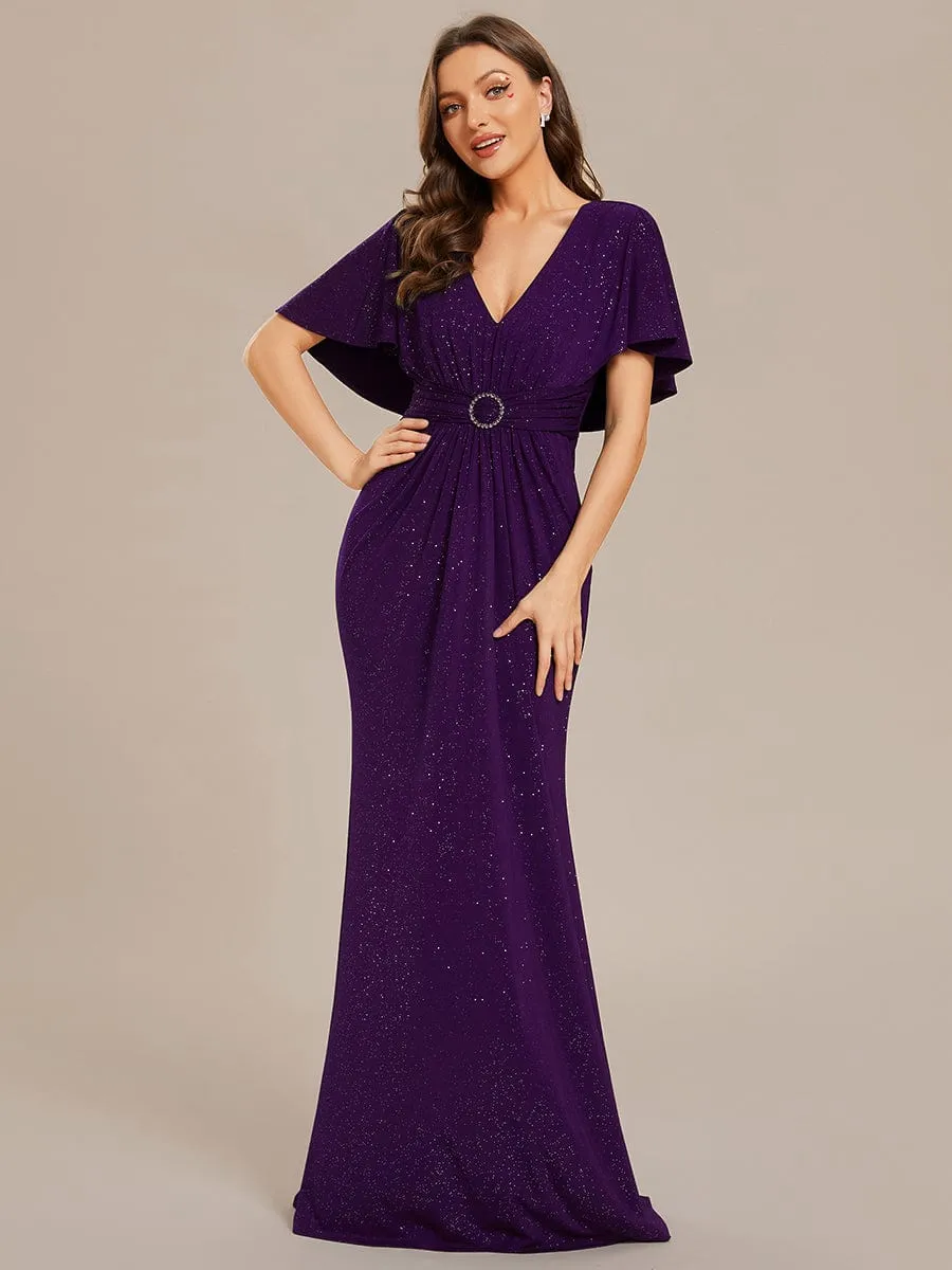 Susan | Glittery V-Neck Pleated Bat-Wing Sleeve Bodycon Waist-Cinching Evening Dress