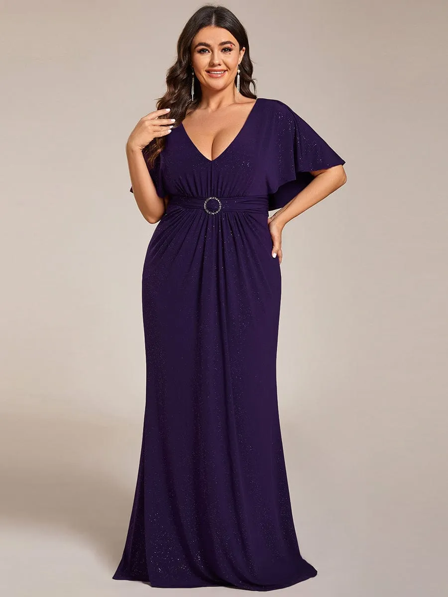 Susan | Glittery V-Neck Pleated Bat-Wing Sleeve Bodycon Waist-Cinching Evening Dress