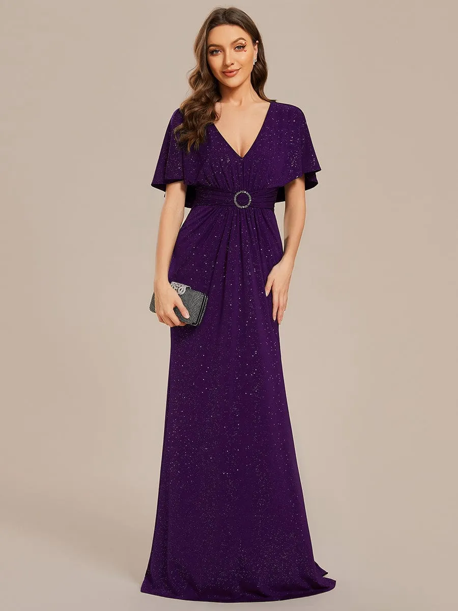 Susan | Glittery V-Neck Pleated Bat-Wing Sleeve Bodycon Waist-Cinching Evening Dress